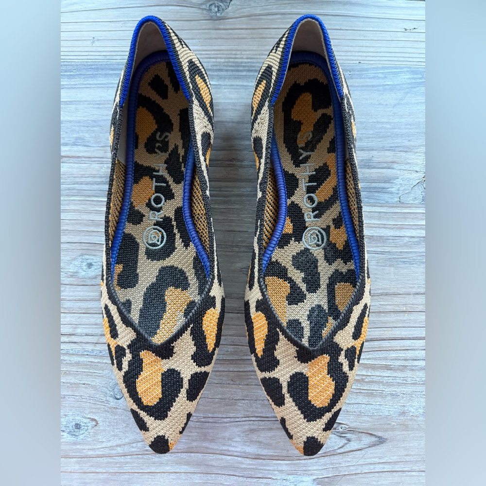 Rothy’s Pointed Toe Flats. Leopard Print, with blue trim